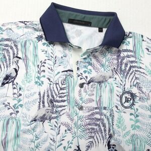 Greyson Polo Shirt Mens L Bird Cranes Fern Golf Performance Stretch Jasna Polana